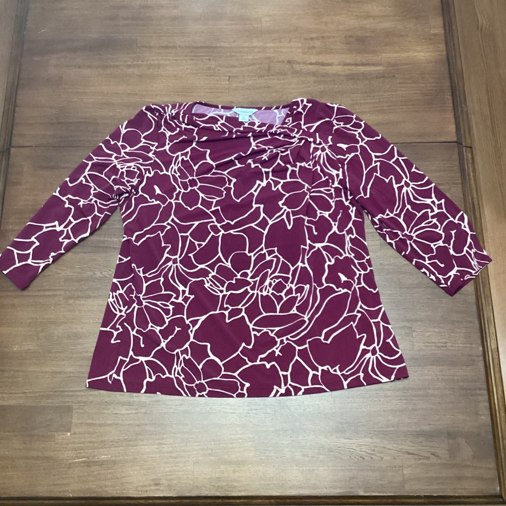 Liz Claiborne Womens XL Burgundy Floral Cowl Neck 3/4 Sleeve Top Blouse - Picture 6 of 6